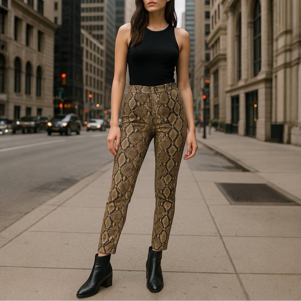 Prettylittlething Snake Print Skinny Trouser Pant High Waist Tan 6